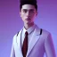 Placeholder: man, cute face, white highlight hair, brown eye, white, skin, purple suits, futuristic, science, purple, blue, dark pink background lighting, technology, profile, asian boy, square face, light orange