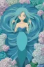 Placeholder: a beautiful mermaid with blue hair and shimmering tail, rock, calm water, fish, beautiful colors, fine detail, high quality, seashell, octopus,