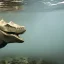 Placeholder: a drowning t-rex underwater with no teeth