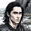 Placeholder: A portrait of Jared Leto in his early 30s, long beachy haircut, black hair, on a rocky island, in ebony armor from Skyrim, melancholic and dangerous facial expression, half-smiling, drawn in the style of ink manga sketch