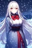 Placeholder: girl, masterpiece, best quality, cinematic lighting, detailed outfit, vibrant colors, perfect eyes, white long hair, vibrant red eyes, snowing, winter clothes,