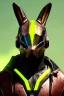 Placeholder: Medium Close Up Portrait, Front image. cyberpunk, rabbit mask helmet, strong man, titanium hair. Latex suit. Brown, yellow, color. Rocketer style. Color background, photo studio. Avatar image, highly detailed, concept art, smooth, unreal engine 5, ray tracing, RTX, lumen lighting, ultra detail, volumetric lighting, 3d, finely drawn, high definition, high resolution.