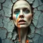 Placeholder: /imagine surreal portrait of a beautiful bald woman slowly sinking into a cracked urban wall, her photorealistic eyes fading into the texture. Orange and blue paint drips run down her face as parts of her body merge with the peeling plaster, dissolving into the street art background. --style raw --ar 3:4 --v 7.0 --q 2 --stylize 300 --weird 350