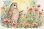 Placeholder: thankful praying owl girl in flowergarden in sunshine, watercolor and ink