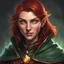 Placeholder: Generate a dungeons and dragons character portrait of the face of a female half-elf warlock with dark copper red hair and golden eyes. She is smirking and glowing with magical energy. She looks mischievous. She is wearing a dark green cloak.