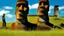 Placeholder: calm beauty, fantasy, magic, splendor, uplifting, inspiring, therapeutic, Easter Island stone statues with faces, some wearing spectacles, some with vegetation beards, mustaches, hair, springtime, sunlight, chiaroscuro, color, award-winning colour photograph, Nikon 135mm, style Disney, style Salvador Dali