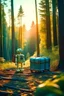 Placeholder: ANDROIDs with a suitcase in an forest with vintage colors and serene atmosphere, bright colors, at sunset, MEDIUM SHOT, 35 MM