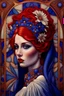 Placeholder: 3D image, a beautiful art deco bride with red hair, white and blue veil, beautiful eyes, red lips, blue flowers, bold gold, sensuality, fantastical surrealistic, elegant, beautiful high definition acrylic art, sunrise, watercolor patchwork, Daniel Merriam style, Ivan Bilibin, Ernst Haeckel, Jean-Baptiste Monge, Picasso, Caspar David Friedrich, Jacek Yerka, Richard Dennis, Joe Fenton, Andree Wallin, İsmail İnceoglu, Wassily Kandinsky, Thomas Kinkade, line art, artstation, extremely detailed, intr