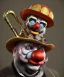 Placeholder: mechanoid old friendly fat clown with trimmed beard playing jazz with a steampunk theme, trumpet, realistic