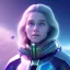 Placeholder: A portrait of a transparent crystalline girl,smiling, longs blond hairs, green eyes, galactic dress, atmospheric, realistic, cinematic lighting, octane render, purple and blue sky, nebula, stars, planets in background, spaceship in background