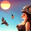 Placeholder: great illustrator, spanish, realistic rendering of a cute spanish girl kissing a small robotic bird, beautiful, steampunk style. Helmet with tubes. Machinery in the background. robotic bird flying. High details. 4k. unreal engine, sunset