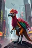 Placeholder: cyberpunk dinosaur weasel bird rasta man with cute fur, in big cyberpunk city