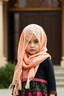 Placeholder: a 7years old girl with a lace long scarf on head that is standing in front of a building, a picture, arabesque, !8k!, azeri, insanely cute, amazing cgi, turkish, adorable outfit
