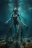 Placeholder: Underwater, girl, fullbody, his skin turned translucent revealing a network of black veins that extended like roots, ragged clothes, many legged slimy creature with creepy spindly legs, 8k, macro photography,