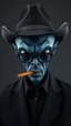 Placeholder: A man in black with a black cowboy hat and dark eyeglasses a body shot of a super blue skin alien, full head, old, looking at the camera, super big head, super big black eyes, small mouth, no ears, total black skin. photo real, hyperrealistic, high dynamic range, rich colors, lifelike texturesv, 8K UHD, high color depth. neutral dark background.with cigar in his month