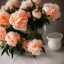 Placeholder: cinematic shot of peonies made from peach tulle in a glass bowl, warm lighting, soft lighting, bokeh, linen, luxurious