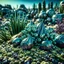 Placeholder: A striking photograh close-up captures a hyperrealistic wasteland with group of plants and glossy material, adorned with minerals and rocks. Bathed in intense light, eerie, giant blue sun, 8k, deep 3d field, rock formations, strong texture, extreme detail, intricate, colours, rich moody colors, sparkles, bokeh, 33mm photography