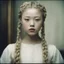 Placeholder: Old autochrome of devon aoki ,full lips, weird white braids., ,in a room, in 1550