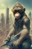 Placeholder: criminal monkey with a machinegun and sunglasses. Realistic image, City Background