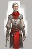 Placeholder: full length, tall, gangly, 22-year old, short haired, nordic looking grey-eyed female human cleric with a red beaded necklace, wearing scale mail