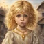 Placeholder: Book cover drawing without title. Permelia is a little girl child her face marked with sadness and fear wearing a golden brooch on her entire dress she has gold hair like a princess. Above them, a golden glow emerges, symbolizing the missing brooch that triggered the tragedy. The image captures the atmosphere of despair and mistrust hanging over the village, highlighting the contrast between light and darkness, beauty and ugliness.