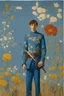 Placeholder: Euan Uglow portrait photography, Otherworldly, 1970s tufting tapestry the knight of blue and flowers standing with his weapon posing for painting