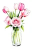 Placeholder: A watercolour and ink drawing of A vase of pale pink roses and pink and white tulips in the style of artist John Lovett