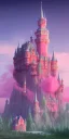 Placeholder: Ice cube shaped castle. pink houses, pink sky, pink smoke, trees, outdoors. street.