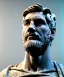 Placeholder: Ultra Realistic image, roman sculpture, white marble deluxe material, Lionel Messi, Greece Laurel crown, miguel angel style, chisel style, emperador, waist up portrait, cinematic lighting, God light, god rays, 4k resolution, smooth details, ornate details, soft lighting, unreal engine 5, sky background.