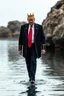 Placeholder: donald trump walking on the surface of water dressed like a king frontal view