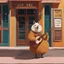Placeholder: [art by Wes Anderson] a lama in playing guitar while singing on the doorstep of the bar