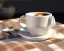 Placeholder: Cappuccino art microfoam in beige mug saucer Crawford plaid napkin Demitasse