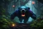 Placeholder: A zany wild Pac Man running after a crazed bear, wacky zany facial expression, intricate detail, sharp, colorful, iridescent, deep color, grey and black fairy forest, 8k resolution, trending on Artstation, glowing runes, zombiecore, H.R. Giger, dynamic lighting