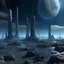 Placeholder: an anomalous planet with large abundant floating pillars and a bleak stony ground with a walmart supercenter floating in the center breaking all time and space