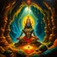 Placeholder: An oil painting of hindu god YAMA in a cave, neon gold colors, high detail eyes,