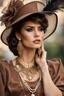 Placeholder: full body beautiful girl, elegant brown lace clothes of the 80s, luxury style, small elegant hat with feather, hair of the 80s, pearl necklace, earrings masterful, beautiful face