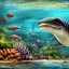 Placeholder: beautiful, stunning paleoart of mosasaurus swimming underwater with coral reefs, plants, wide-angle lens, in the style of eleanor kish, davide bonadonna, julius csotony, fabio pastor, Jurassic Park photorealistic, illustrative, digital art, 8k resolution, detailed matte, painting, artwork, masterpiece