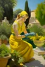 Placeholder: Neoclassicism woman working in the garden gardening painting yellow realistic cote d'azur