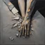 Placeholder: Minimal abstract oil paintings close up person limbs sinew and concrete fragments illuminated at night style of Justin Mortimer