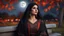 Placeholder: Hyper Realistic Photographic Close Face Shot Of A Beautiful Pashto Woman With Beautiful Black Hair Wearing A Black With Silver Red Embroidery Dress And Black Dupatta, Happily Looking At Full Moon Sitting On A Bench And Enjoying Beautiful Full Moon In A Beautiful Garden With Orange Dry Leaves Falling From Trees In Autumn Season At Cloudy Night With Fireflies Around Her Showing Dramatic And Cinematic Ambiance.