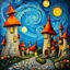 Placeholder: A whimsical fantasy painting inspired by Van Gogh's swirling style, depicting an enchanting magical village with organic, mushroom-like towers topped with vibrant orange and reddish conical roofs. Curved walls and glowing windows radiate warmth and life. The dramatic sky swirls with deep blues and bright yellows, featuring two radiant celestial bodies casting golden light. Spiral motifs and flowing curvilinear elements fill the composition, creating a dreamlike atmosphere. A cobblestone path in