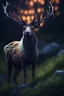 Placeholder: single magical elk, glowing white antler, dark chaotic patterned fur, night time, magical green hill background , beautiful colorful volumetric lighting, sharp focus, depth of field, masterpiece, glowing lily flowers