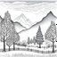 Placeholder: Outline art for coloring page with a cute mountain landscape white background, sketch style, only use outline, clean line art, white background, no shadows, clear outline reprezentand o imagine pe tema halucinatiilor provocate de droguri , cu culori primare tari, fantezie de înaltă definiție calitate clară, stiluri de Utagawa Hiroshige, Paul Klee Dee Nickerson și Tim Burton, acuarelă topită și contururi de cerneală neagră pe hârtie umedă, linii moi, umbrite