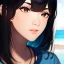 Placeholder: black haired woman, casual clotting, realistic, HD4k, watery cloud background, close up shot,