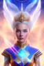 Placeholder: young cosmic woman admiral from the future, one fine whole face, large cosmic forehead, crystalline skin, expressive blue eyes, blue hair, smiling lips, very nice smile, costume pleiadian, rainbow ufo