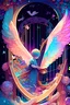 Placeholder: An angel playing a harp on a floral stage in space with lots of stars, rainbow color palette, the boys style, detailed, devinart, trending on artstation, happy colors, an ultrafine detailed painting by james jean