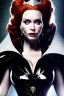 Placeholder: christina hendricks as evil queen in black leather gown carried on a litter, angry, stern look, volumetric lighting, particales,highly detailed,cinematic, deep colours,8