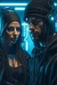 Placeholder: a handsome cyberpunk man wearing a balaclava connected by wires with a beautiful cyberpunk woman