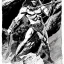 Placeholder: high-angle shot of a [Conan the Barbarian] holing an ((axe)) and standing on a cliff by the sea where monsters fight by Barry Windsor-Smith, Richard Corben, extremely detailed face, full-body