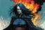 Placeholder: create an imaginative print illustration of an aged and emaciated, raven haired, female, blind Nordic seeress, malevolent and dangerous, dressed in rags, with finely detailed facial features, wreathed in a maelstrom of fire, in the comic book art style of Bill Sienkiewicz, Mike Mignola, and Jean Giraud Moebius, finely textured, drawn, colored, and inked